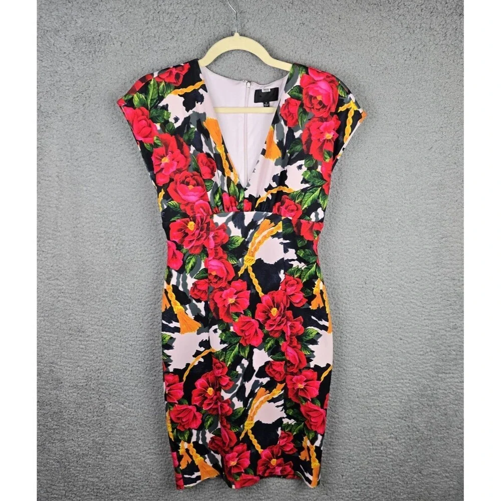 Floral Dress Women 2 Red Bodycon Deep V Sexy Colorful  Siren Cap Sleeves Stretch
